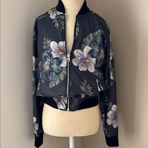 Black and Blue Bomber Jacket with Floral Print